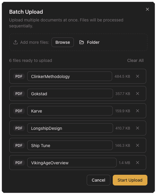 Resonant Echoes data import interface showing research upload and knowledge base management